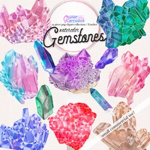 May include: A set of 12 watercolor gemstone clipart images. The gemstones are in various colors, including pink, purple, blue, green, and red. The images are perfect for digital scrapbooking, card making, and other craft projects.  Paynor Carradice 12 piece png clipart collection / 8 inches watercolor Gemstones small commercial use!