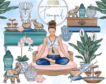 Tranquil yoga clipart - 21 piece self care home planner clip art - watercolor fashion illustration - meditation artwork - 300dpi png