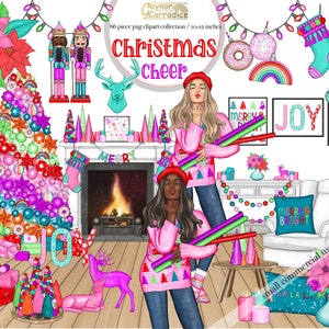 May include: A colorful Christmas scene with two women wearing pink sweaters and red Santa hats. The women are holding colorful wands and standing in front of a fireplace with a Christmas tree decorated with ornaments, candy canes, and bows. The scene also includes a stocking, a donut, a rainbow, and a sign that says "Merry & Bright".