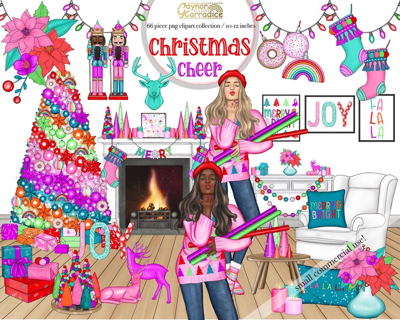 May include: A colorful Christmas scene with two women wearing pink sweaters and red Santa hats. The women are holding colorful wands and standing in front of a fireplace with a Christmas tree decorated with ornaments, candy canes, and bows. The scene also includes a stocking, a donut, a rainbow, and a sign that says "Merry & Bright".