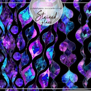 Purple stained glass digital papers - 4 stained glass seamless patterns, geometric background paper pack, purple background, repeat patterns