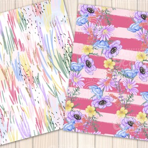 May include: Two digital paper designs. The first design features a white background with abstract brushstrokes in pink, blue, yellow, and green. The second design features a pink and white striped background with watercolor flowers in shades of purple, blue, and yellow.