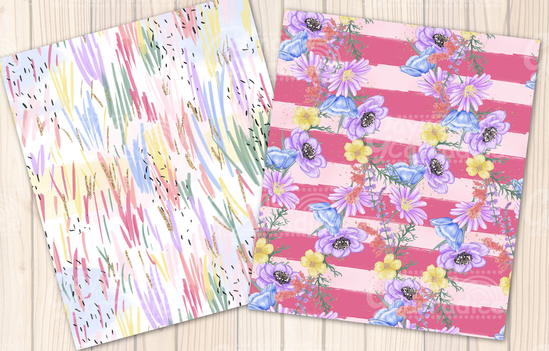 May include: Two digital paper designs. The first design features a white background with abstract brushstrokes in pink, blue, yellow, and green. The second design features a pink and white striped background with watercolor flowers in shades of purple, blue, and yellow.