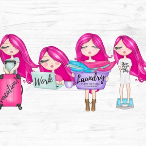 May include: Six illustrations of pink-haired girls with different tasks. The first girl is holding a blue trash can, the second is holding a pink suitcase, the third is working on a laptop, the fourth is holding a laundry basket, the fifth is holding a scale, and the sixth is holding a bag of groceries.