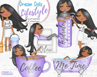 African American girl clipart Cute doll clip art Planner icon stickers Daily tasks chores png graphics cleaning me time coffee hydrate