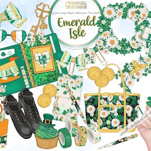 May include: A set of 23 digital clipart images featuring a green, white, and gold color scheme with shamrocks, daisies, and the words "Emerald Isle". The clipart includes a planner, a tote bag, a cupcake, a key, a pair of glasses, a wreath, and more.
