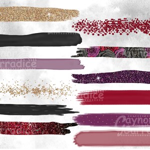 May include: A set of digital brush strokes in various colors and textures, including gold glitter, black, purple, and red. The brushes are perfect for adding a touch of sparkle and elegance to your digital designs.