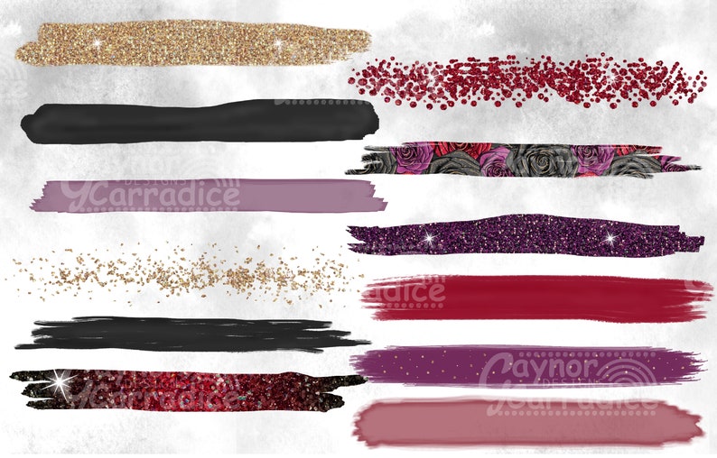 May include: A set of digital brush strokes in various colors and textures, including gold glitter, black, purple, and red. The brushes are perfect for adding a touch of sparkle and elegance to your digital designs.
