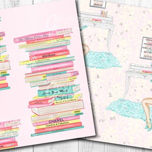 May include: A digital paper with a pink background and a repeated pattern of a woman sitting on a stack of books. The woman is wearing a red dress and reading a book. The books have titles like "#Girlboss", "Leave Your Mark", and "The Million Dollar Blog".