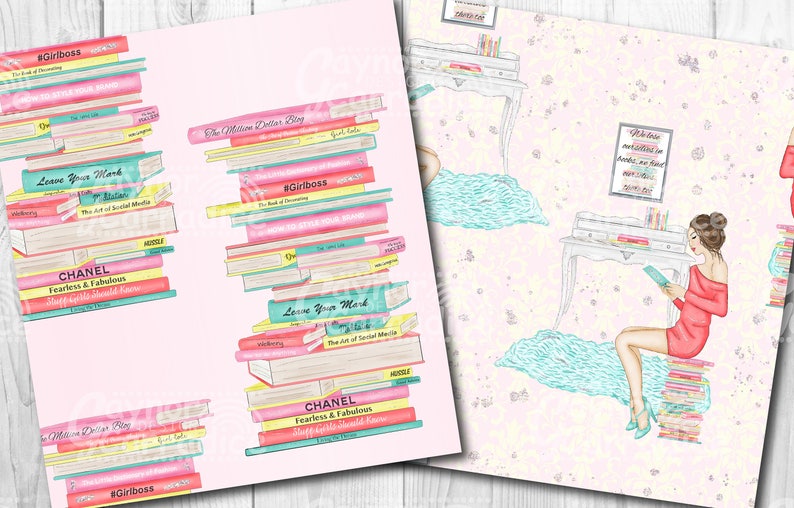 May include: A digital paper with a pink background and a repeated pattern of a woman sitting on a stack of books. The woman is wearing a red dress and reading a book. The books have titles like "#Girlboss", "Leave Your Mark", and "The Million Dollar Blog".