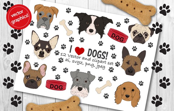 Dog Faces Clipart Cute Puppy Clip Art Pug Sheepdog Etsy