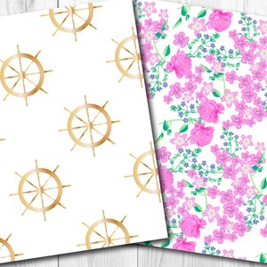 May include: Two digital paper patterns. One pattern features a repeating design of gold ship wheels on a white background. The other pattern features a repeating design of pink and purple flowers on a white background.
