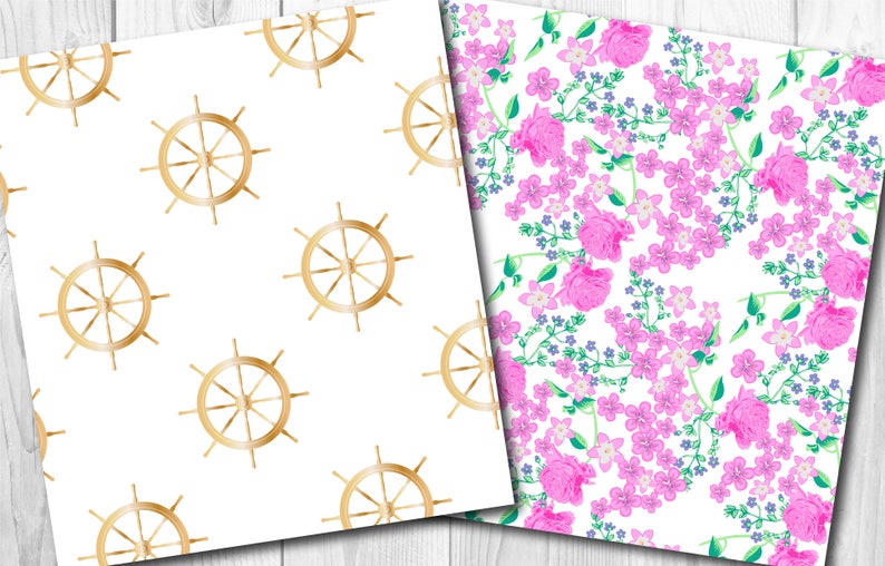 May include: Two digital paper patterns. One pattern features a repeating design of gold ship wheels on a white background. The other pattern features a repeating design of pink and purple flowers on a white background.