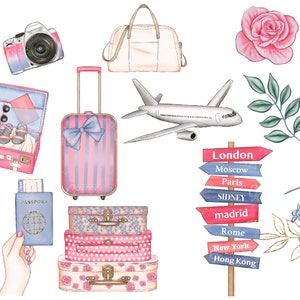 May include: A watercolor illustration of travel items, including a globe, suitcases, a camera, passports, a plane, flowers, and a sign with destinations like London, Moscow, Paris, Sydney, Madrid, Rome, New York, and Hong Kong.