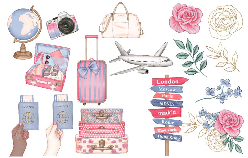 May include: A watercolor illustration of travel items, including a globe, suitcases, a camera, passports, a plane, flowers, and a sign with destinations like London, Moscow, Paris, Sydney, Madrid, Rome, New York, and Hong Kong.