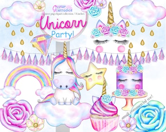 Cute unicorn clipart Unicorn face clip art Birthday party Watercolor planner stickers Kawaii Baby shower graphics Unicorn cake illustrations