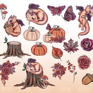 May include: A digital illustration of a whimsical autumn scene with sleeping dragons, pumpkins, mushrooms, butterflies, and fall foliage. The colors are warm and inviting, with shades of orange, brown, red, and purple.