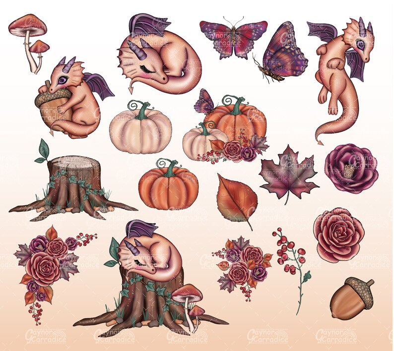 May include: A digital illustration of a whimsical autumn scene with sleeping dragons, pumpkins, mushrooms, butterflies, and fall foliage. The colors are warm and inviting, with shades of orange, brown, red, and purple.