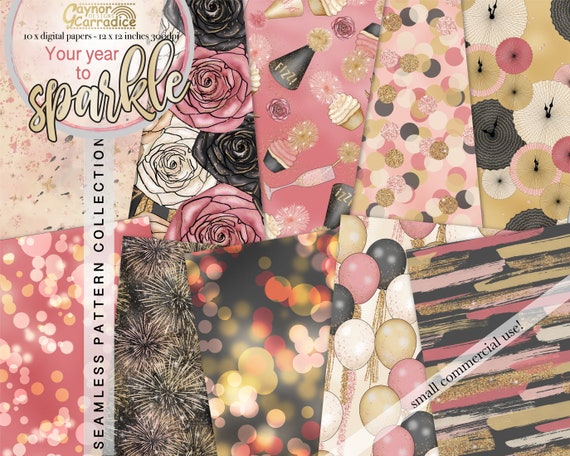 Watercolor New years digital papers - 10 new years eve seamless patterns, party backdrops, floral backgrounds, planner graphics, bokeh paper