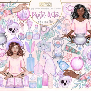 Pastel witch clipart - 68 piece pastel goth clipart - witchy planner clipart - pagan png graphics - pink halloween clipart, mystical clipart
