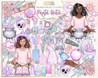 Puede incluir: Un conjunto de ilustraciones digitales con temática de bruja pastel. El conjunto incluye una bruja meditando, una bola de cristal, un caldero, una calavera, un gato, un libro, velas, cristales y otros objetos mágicos. El conjunto es perfecto para crear diseños digitales, scrapbooking y otros proyectos creativos.