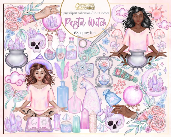 Pastel witch clipart - 68 piece pastel goth clipart - witchy planner clipart - pagan png graphics - pink halloween clipart, mystical clipart