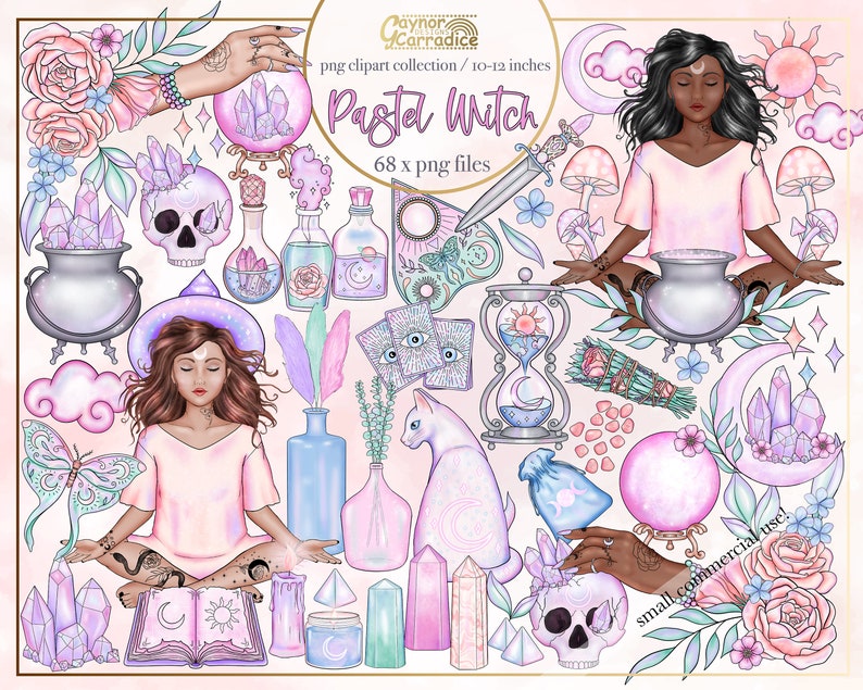 May include: A digital illustration set of pastel witch themed clipart. The set includes a witch meditating, a crystal ball, a cauldron, a skull, a cat, a book, candles, crystals, and other magical items. The set is perfect for creating digital designs, scrapbooking, and other creative projects.