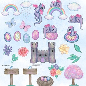 May include: A set of digital illustrations featuring a whimsical dragon theme. The illustrations include a castle, a rainbow, flowers, butterflies, eggs, a bird, and a sign that says "Beware of the Dragon".