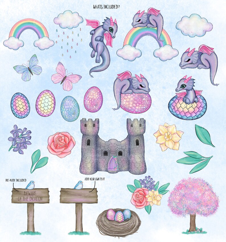 May include: A set of digital illustrations featuring a whimsical dragon theme. The illustrations include a castle, a rainbow, flowers, butterflies, eggs, a bird, and a sign that says "Beware of the Dragon".