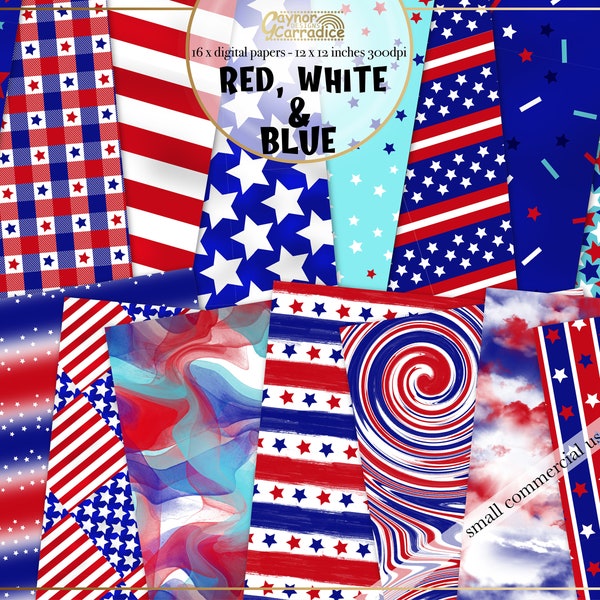 4th of July digital papers - 16 stars and stripes seamless patterns, red, white and blue paper pack, independence day backgrounds, patriotic