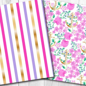 May include: Two digital paper patterns. The first pattern is a white background with pink and purple stripes and gold stripes. The second pattern is a white background with pink roses, small purple flowers, green leaves, and gold anchors.