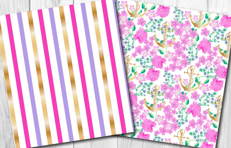 May include: Two digital paper patterns. The first pattern is a white background with pink and purple stripes and gold stripes. The second pattern is a white background with pink roses, small purple flowers, green leaves, and gold anchors.