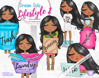 African American girl clipart Cute doll clip art Planner icon stickers Daily tasks chores png graphics Trash Laundry Vacation Shopping work