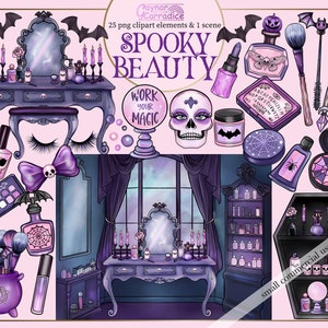 May include: A spooky beauty vanity set in a purple and black colour scheme. The set includes a vanity table with a mirror, a skull-shaped crystal ball, a makeup palette, a bottle of nail polish, a makeup brush set, and a coffin-shaped box with candles. The text "WORK YOUR MAGIC" is on the crystal ball. The text "SPOOKY BEAUTY" is at the top of the image.