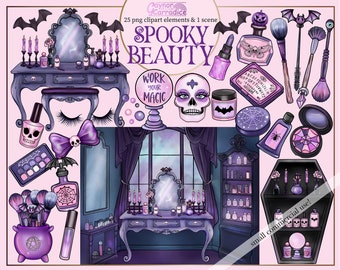 May include: A spooky beauty vanity set with a purple and black color scheme. The set includes a vanity table with a mirror, a skull-shaped crystal ball, a makeup palette, a bottle of nail polish, a makeup brush set, and a coffin-shaped box with candles. The text "WORK YOUR MAGIC" is on the crystal ball. The text "SPOOKY BEAUTY" is at the top of the image.