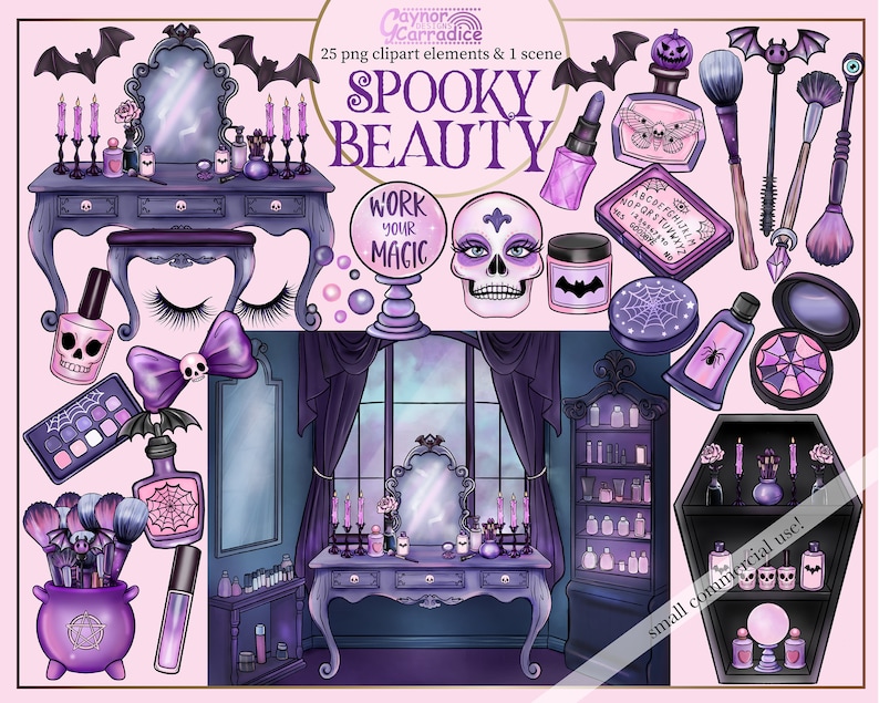 May include: A spooky beauty vanity set in a purple and black colour scheme. The set includes a vanity table with a mirror, a skull-shaped crystal ball, a makeup palette, a bottle of nail polish, a makeup brush set, and a coffin-shaped box with candles. The text "WORK YOUR MAGIC" is on the crystal ball. The text "SPOOKY BEAUTY" is at the top of the image.