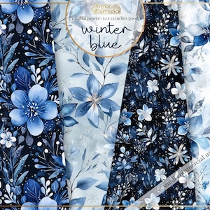 Wunderliche digitale Winterblumenpapiere - 4 blaue florale nahtlose Muster, Winterblumen-Hintergrundpapierpaket, Aquarellhintergrund