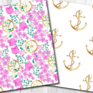 May include: Two seamless patterns, one with pink flowers and gold ship wheels, the other with gold anchors on a white background.
