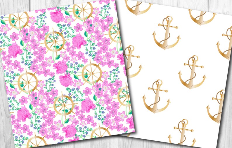 May include: Two seamless patterns, one with pink flowers and gold ship wheels, the other with gold anchors on a white background.