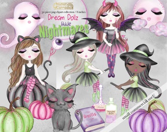 Cute girl halloween clipart, watercolor halloween doll clip art, planner sticker graphics, witch, black cat, pumpkin, ghost, spooky png