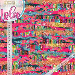 May include: A seamless digital paper pattern featuring a colorful abstract design with glitter accents. The pattern includes pink, blue, green, gold, and purple brush strokes. The text "Lola" is visible in the top left corner of the pattern. The text "SEAMLESS BRUSH STROKES PATTERN" is visible on the left side of the pattern. The text "small commercial use!" is visible in the bottom right corner of the pattern.