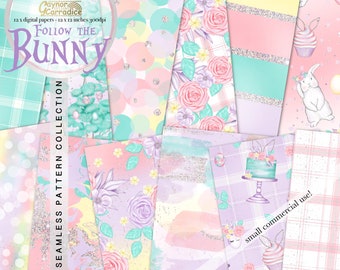Easter digital papers - 12 watercolor bunny seamless patterns, abstract background, pastel floral paper, rabbit planner graphics - 300dpi