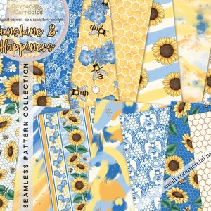 Sunshine and happiness digital papers, watercolor sunflower seamless patterns, summer abstract backgrounds, bee paper pack, floral papers