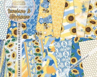 Sunshine and happiness digital papers, watercolor sunflower seamless patterns, summer abstract backgrounds, bee paper pack, floral papers