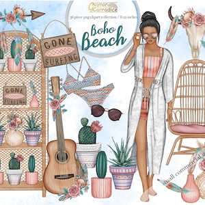 Boho beach home clipart - 36 piece summer planner clip art - watercolor fashion illustration , cactus, floral guitar, surfer - 300dpi png