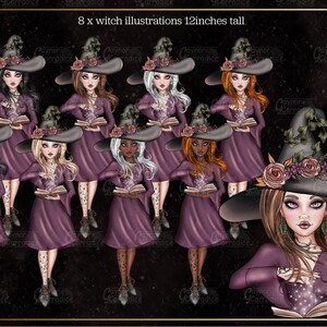 以下が含まれることがあります： 紫色のドレスと黒い帽子をかぶった魔女のデジタルイラストが8つあり、それぞれが本を持っています。魔女は髪の色とスタイルが異なります。イラストの高さは30.48cmです。