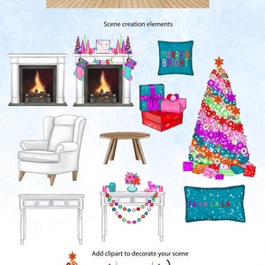 May include: A digital illustration of a Christmas scene with a fireplace, a Christmas tree, presents, and a couch. The fireplace has a fire burning in it and is decorated with stockings. The Christmas tree is decorated with ornaments and lights. The presents are wrapped in colorful paper and tied with ribbons. The couch is a white armchair with a blue pillow that says "Merry & Bright".