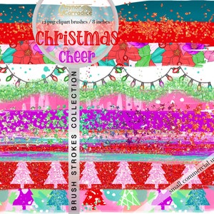 Könnte beinhalten: Ein digitales Clipart-Set mit 12 Weihnachts-Pinselstrichen in verschiedenen Farben und Texturen. Das Set enthält Glitzer, Streifen und Punkte. Der Text "Christmas Cheer" ist im Bild zu sehen. Das Set ist für den kleinen kommerziellen Gebrauch bestimmt.