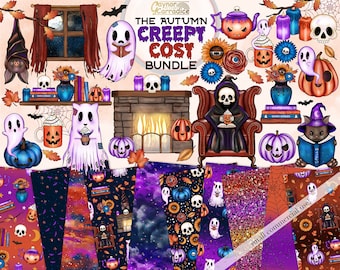 May include: A digital paper pack with a spooky autumn theme. The pack includes 10 digital papers with various patterns featuring ghosts, pumpkins, bats, and other Halloween elements. The papers are perfect for creating spooky crafts, scrapbooking, and digital projects.