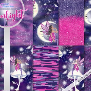 May include: A digital paper pack with 10 seamless patterns featuring fairies, moons, stars, and glitter. The patterns are in shades of pink, purple, and blue. The text "Moonlight" is visible in the image.  The text "small commercial use!" is also visible in the image.